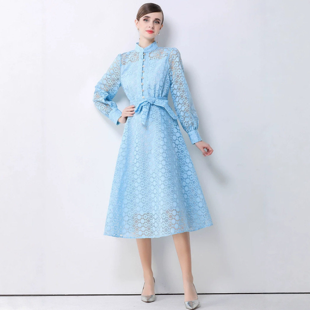 French Vintage Embroidered Mesh Dress High Neck Waist Tie Flared Skirt Elegant Spring and Autumn Wear Wholesale