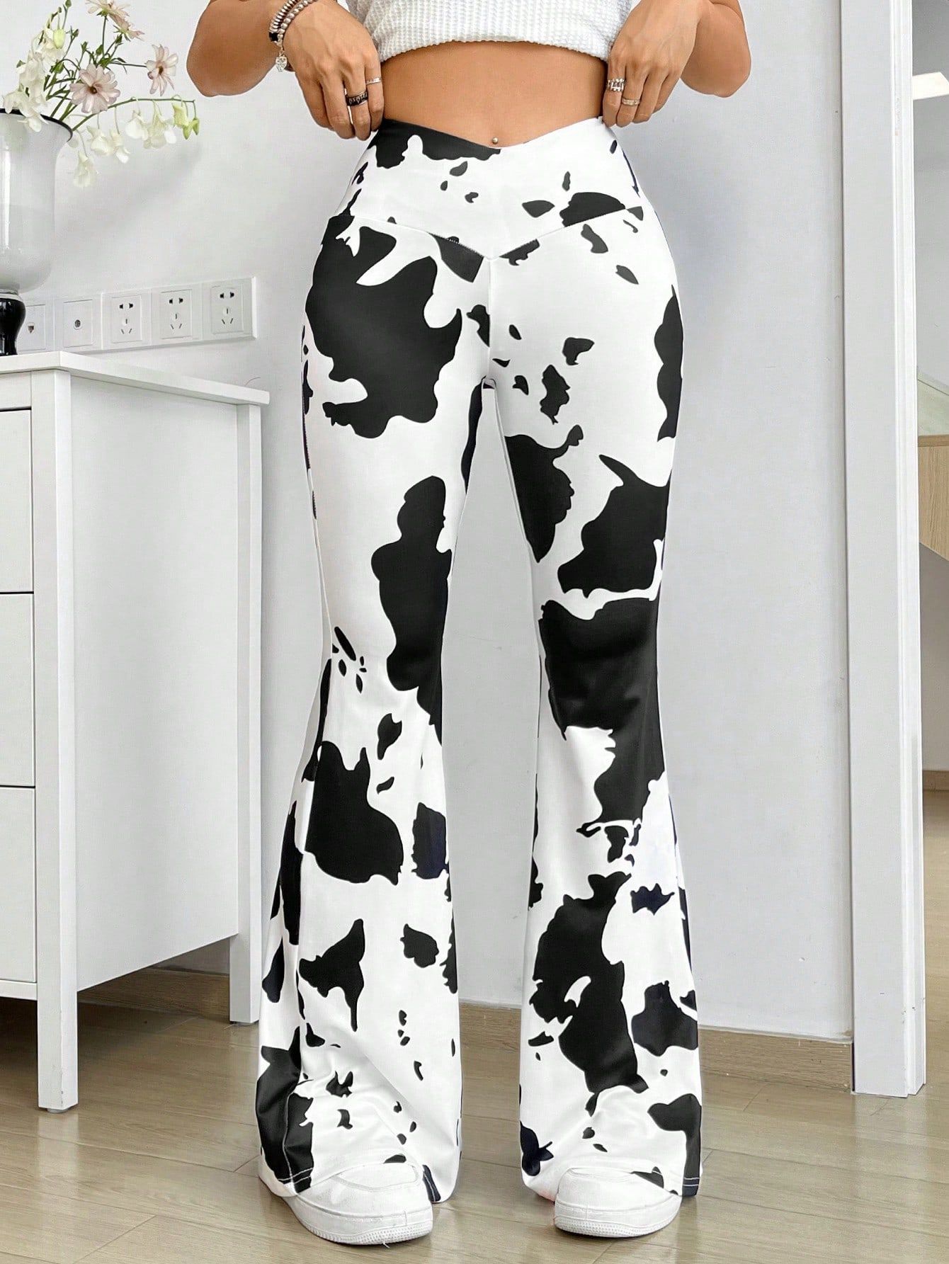 Cow Print High Waisted Flare Pants Stretchy Fabric Versatile Style Trendy Design Ready to Ship