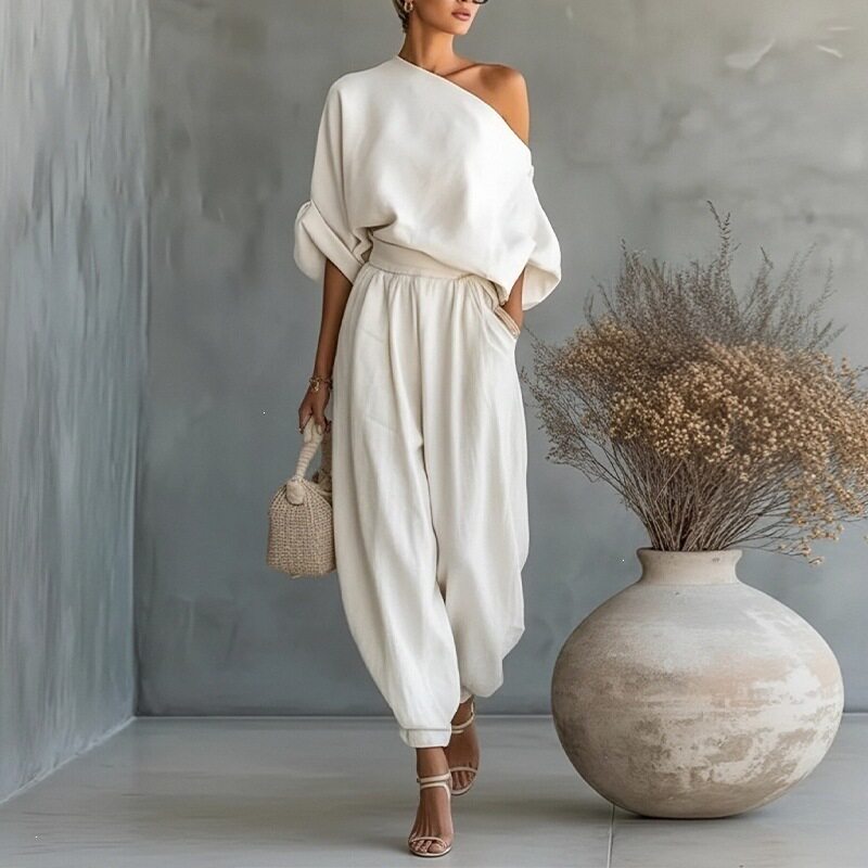 Womens Summer Casual Set Solid Color Loose Fit Asymmetrical Shoulder Wide Leg Pants Perfect for Everyday Wear