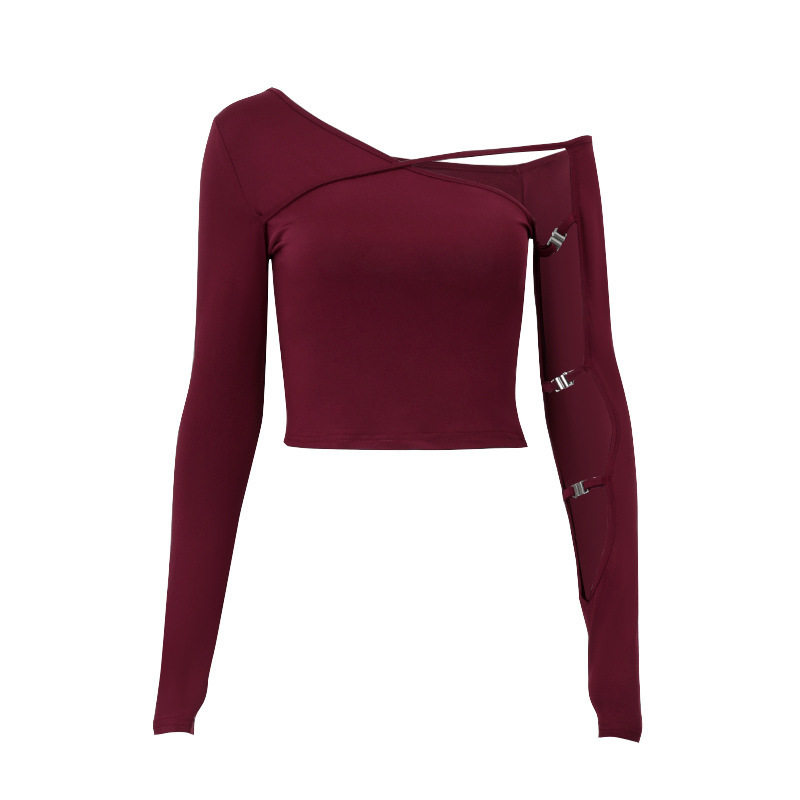 Womens Long Sleeve T Shirt Sexy Irregular Asymmetrical Neckline Hollow Out Design Slim Fit Autumn Fashion