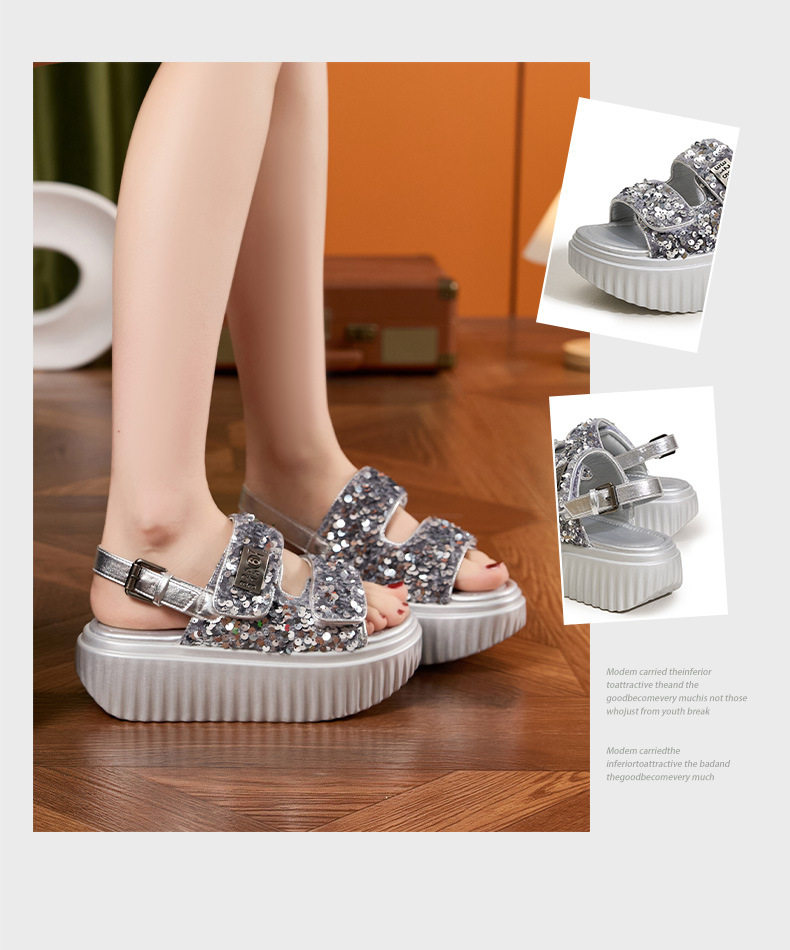 Dép sandal nữ xỏ ngón đế bệt phong cách rocker, họa tiết cá tính — Bạc, Đen chi tiết 3