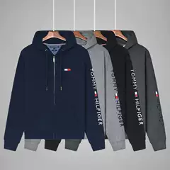 Tommy Men's Solid Color Hooded Cardigan Long Sleeve Loose Fit Casual Sweatshirt Cotton Jacket - Fall Winter New Arrival