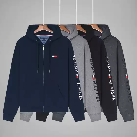 Tommy Men's Solid Color Hooded Cardigan Long Sleeve Loose Fit Casual Sweatshirt Cotton Jacket - Fall Winter New Arrival