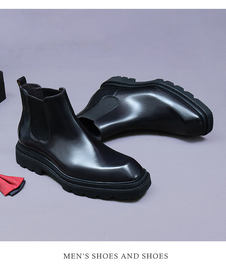 Boot Chelsea nam da bò cổ thấp đế dày phong cách công sở — Lớp lót lông cừu màu nâu cà phê, Màu đen, Lót lông cừu màu đen, Màu cà phê