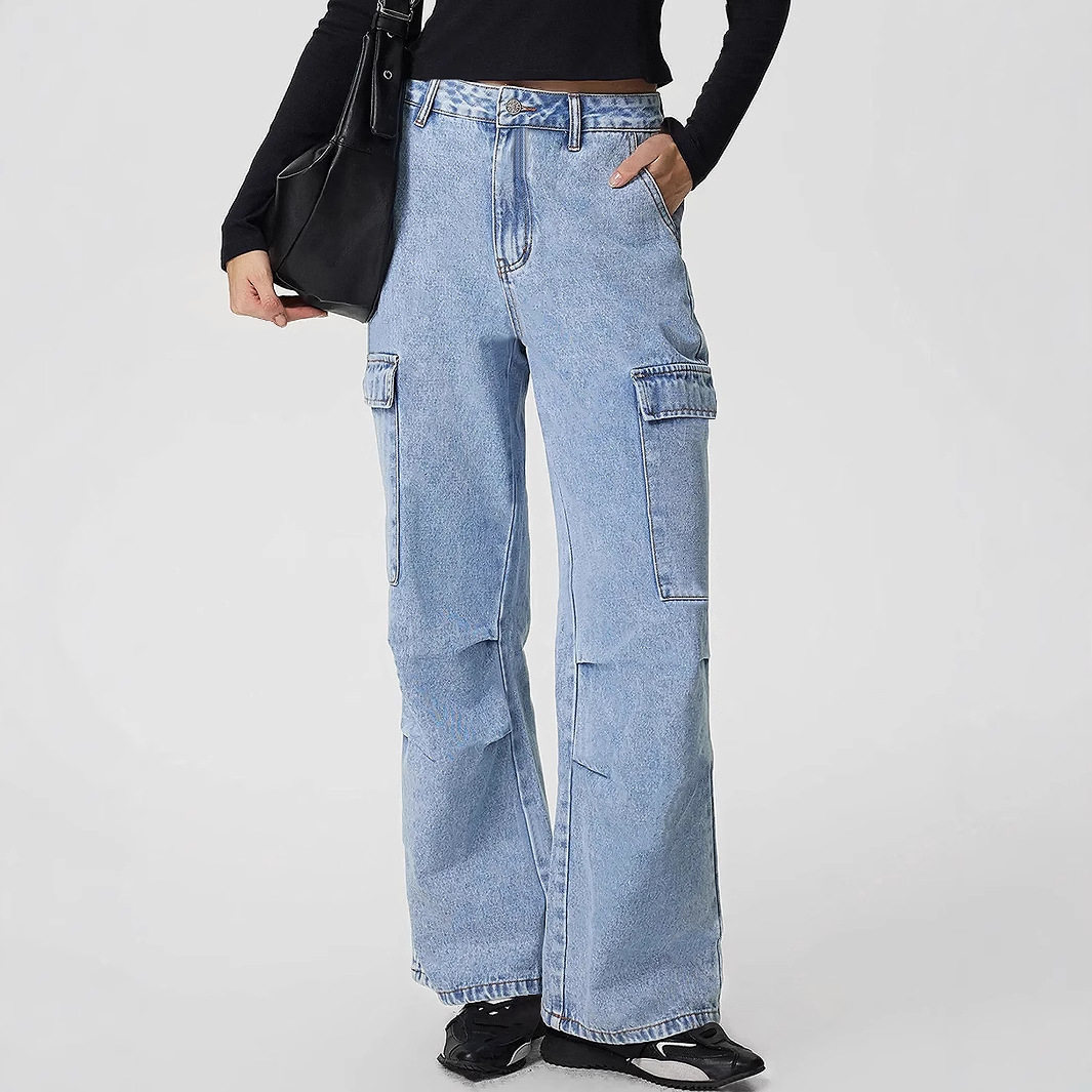 Womens Casual High Waisted Denim Trousers Slim Fit Large Pockets European and American Style Perfect for Everyday