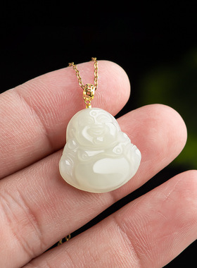 天然老料和田玉佛公笑佛玉石吊坠18K金镶嵌时尚弥勒佛女项链挂件