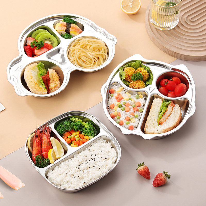 304 stainless steel children's plate compartment anti-fall baby eating plate car plate kindergarten separate plate cartoon