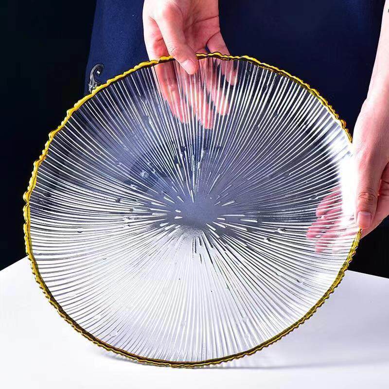 Japanese-Style Striped Glass Plate, Trendy Household Transparent Tableware, Fruit Plate, Western-Style Salad Bowl, Dinner Plate, Dish, Fireworks