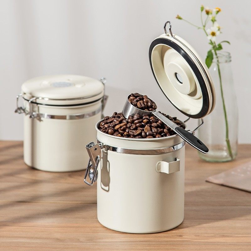 Coffee Bean Sealed Jar 304 Stainless Steel Exhaust Valve Breathing Seal Storage Jar with Spoon Fresh-keeping Jar Coffee Jar
