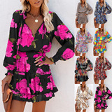 Европейское и американское женское трансграничное платье Amazon foreign trade fashion trend, женское платье с V-образным вырезом на талии и длинными рукавами с принтом