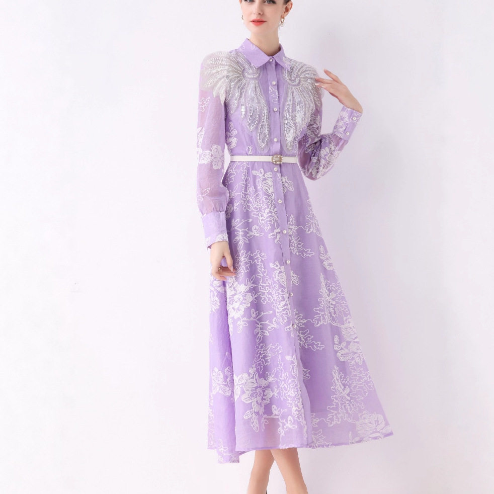 Vintage Inspired Embroidered Midi Dress Slim Fit Waist Cinching Lantern Sleeves Elegant Occasion Wear Wholesale