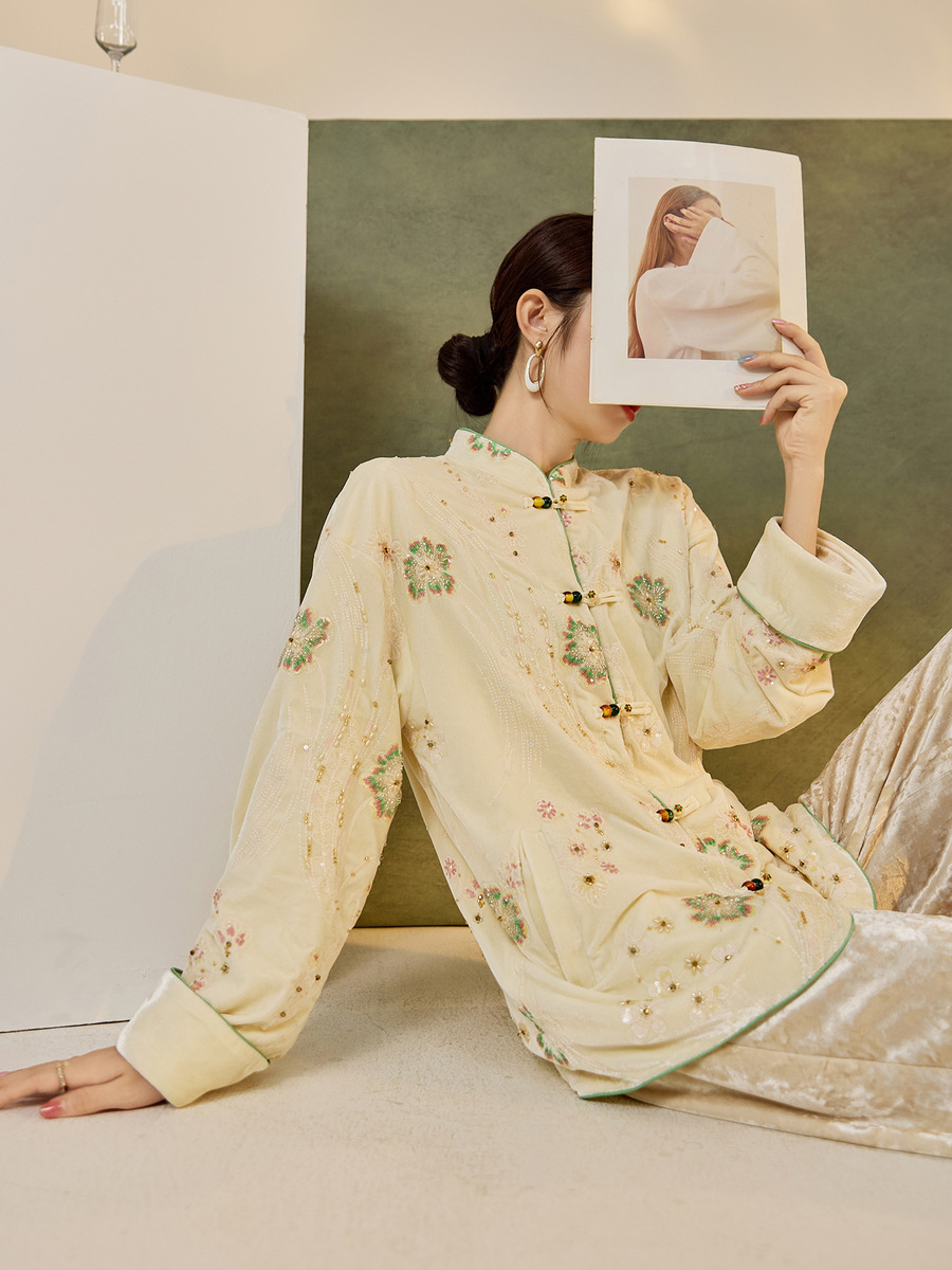 Áo khoác dạ nữ thêu cườm cổ đứng dáng suông — mơ, Mơ [phiên bản cotton]