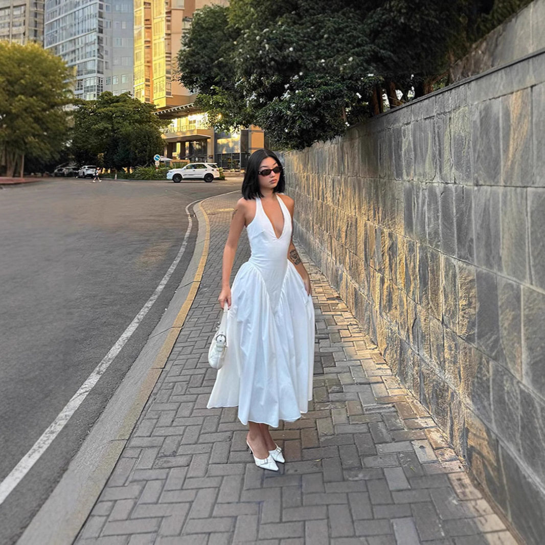 V Neck Halter Dress Sexy Slim Fit Elegant White French Princess Style for Autumn Wholesale Available