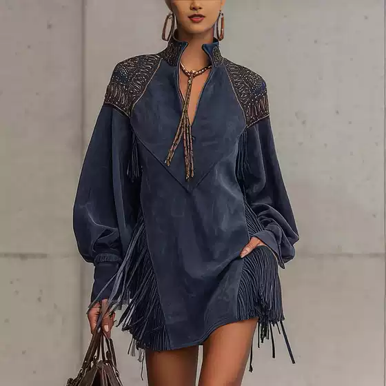 2025 New Cross-border Amazon Independent Site V-Neck Tassel Embroidered Dress for Women