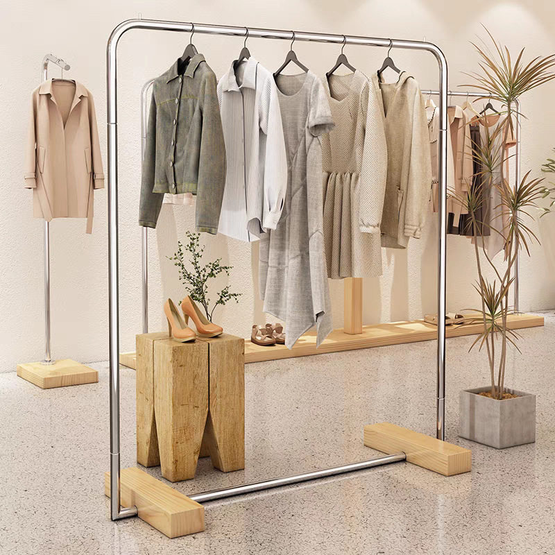 Solid Wood Island Display Rack for High-End Clothing Stores, Floor-Standing Women's Clothing Store Special Clothes Hanger, Floor-Standing Rod Clothes Hanger
