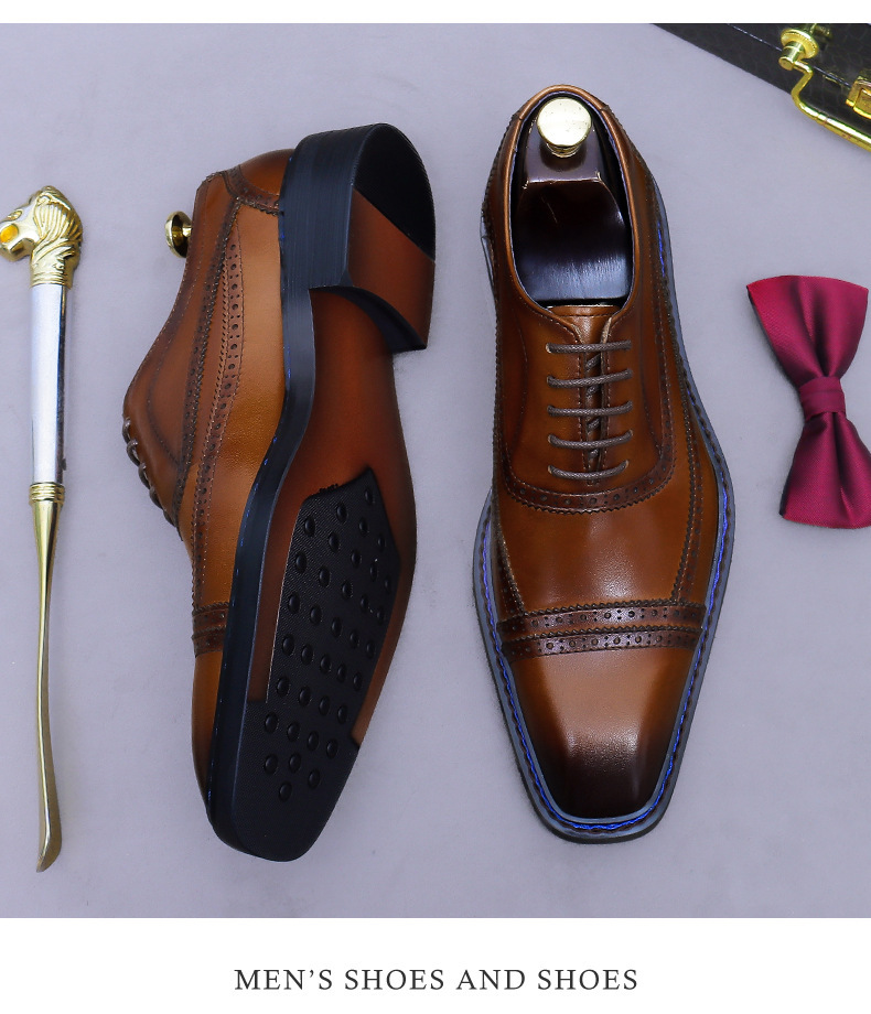 Giày Oxford nam da bò thật mũi vuông buộc dây phong cách công sở — Màu nâu (viền xanh), Màu nâu (viền đen), Đen (viền xanh), Đen (viền đen)
