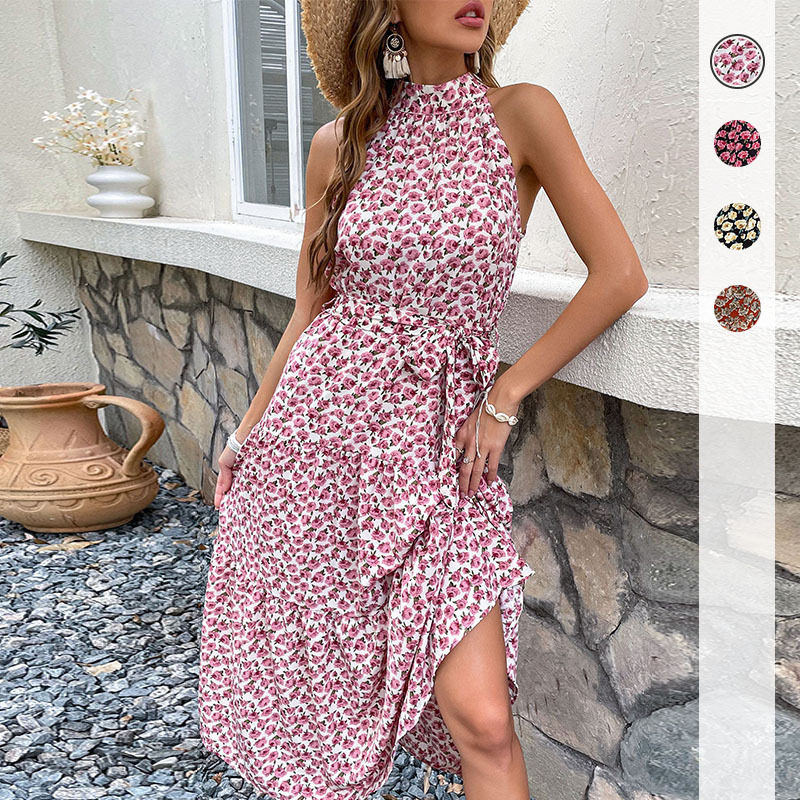 Floral Midi Dress Slim Fit Halter Neck Romantic Style Perfect for Vacation or Casual Outings Wholesale Available