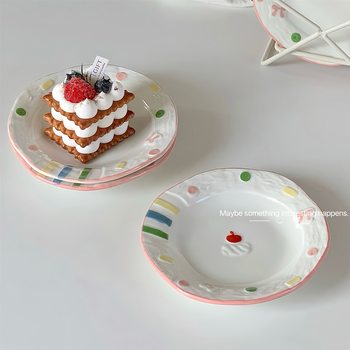 Creative Underglaze Color Household 6 Inch Plate Ins Style Advanced Sense Sweet Plate Cake Plate Cute Ceramic Bone Plate
