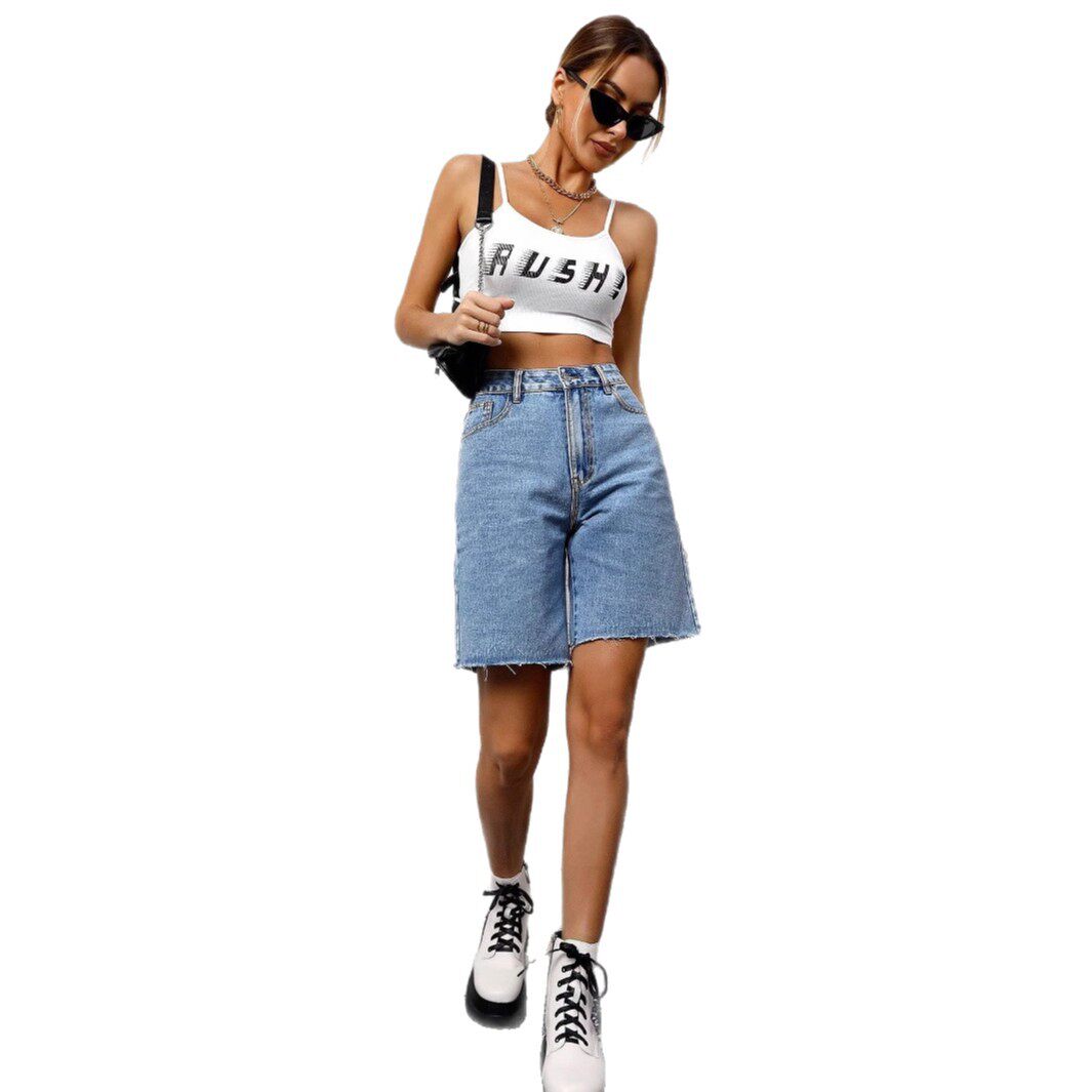 Loose Fit Womens Denim Shorts Washed Fabric Casual Style Summer Essential Wholesale Available