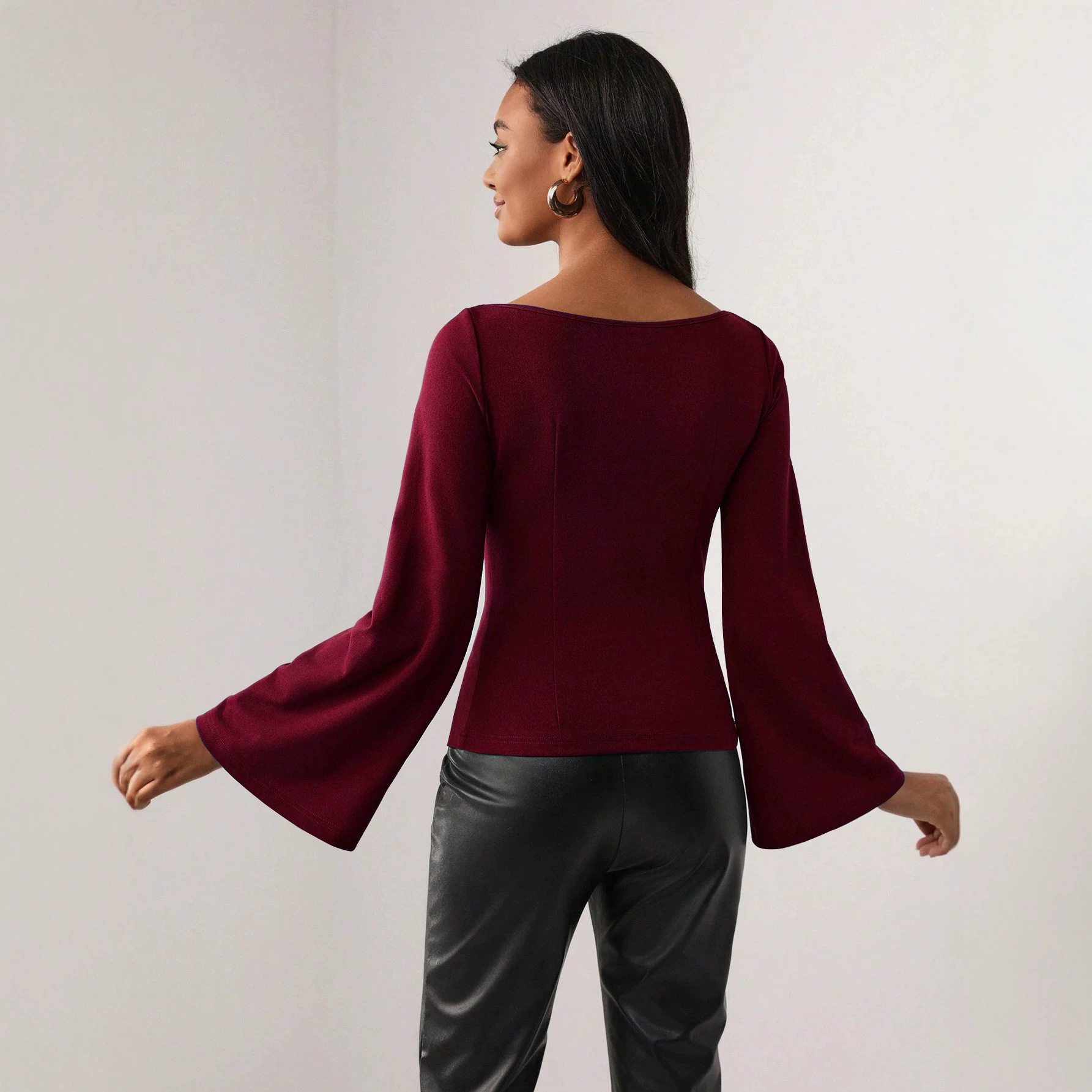 Bell Sleeve Top Hollow Design Slim Fit Elegant Style Perfect for Office Wear Wholesale Available