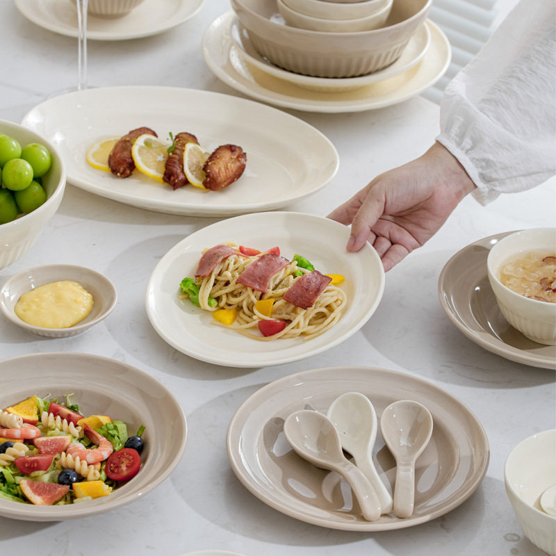 Cream style Bowl plate household ins tableware bowl dish full set ceramic rice bowl plate wholesale high color value soup bowl dish