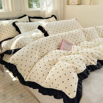 Ins Lace French Milk Velvet Quilt Cover Winter Fleece-Lined Warm Polka Dot Quilt Cover Single Double Bedding Cotton