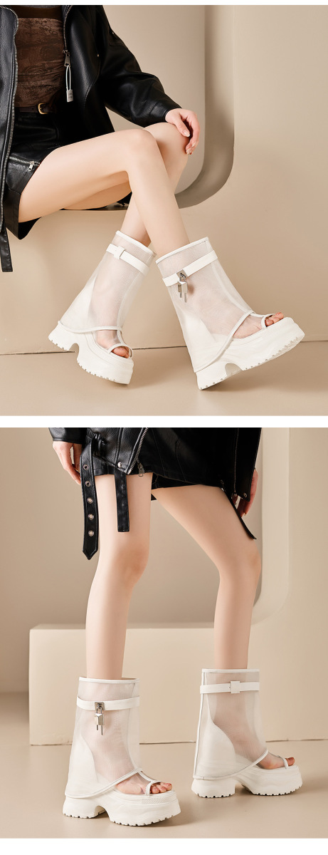 Boot nữ cổ trung lưới khoét hở phối da bò, đế dày tăng chiều cao — Đen có hình, màu đen, Màu nâu, Màu nâu có hình