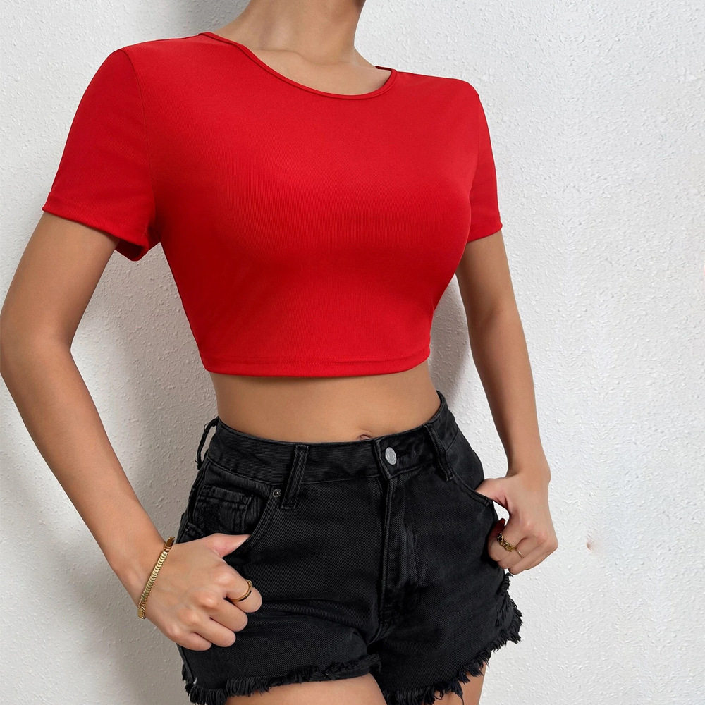 Summer Womens Short Sleeve T Shirt Sexy Backless Design Cropped Length Lightweight Fabric Casual Wear Wholesale