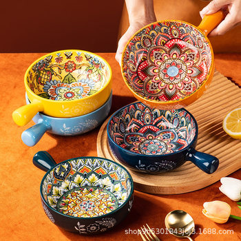 Bohemian ceramic handle bowl household tableware salad bowl handle bowl soup bowl instant noodle bowl baking bowl cross border