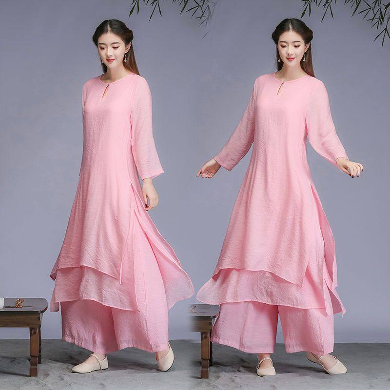 Ethnic Style Fashion Retro Cotton and Linen Two-Piece Set Sweet Fairy Literary Chinese Zen Ladies Tea Suit Set for Women