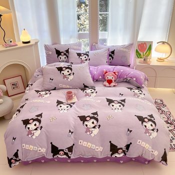 Sanrio Milk Velvet Four-Piece Set, High-Weight Warm Velvet Duvet Cover, Printed Skin-Friendly Set Suitable for Sleeping Naked, Student Duvet Cover