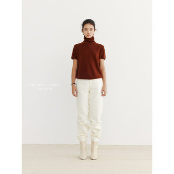 Yienou Inbyin 100% Pure Wool Knitwear Pullover Turtleneck Top for Women Autum Simple Short-Sleeved Knitwear for Women