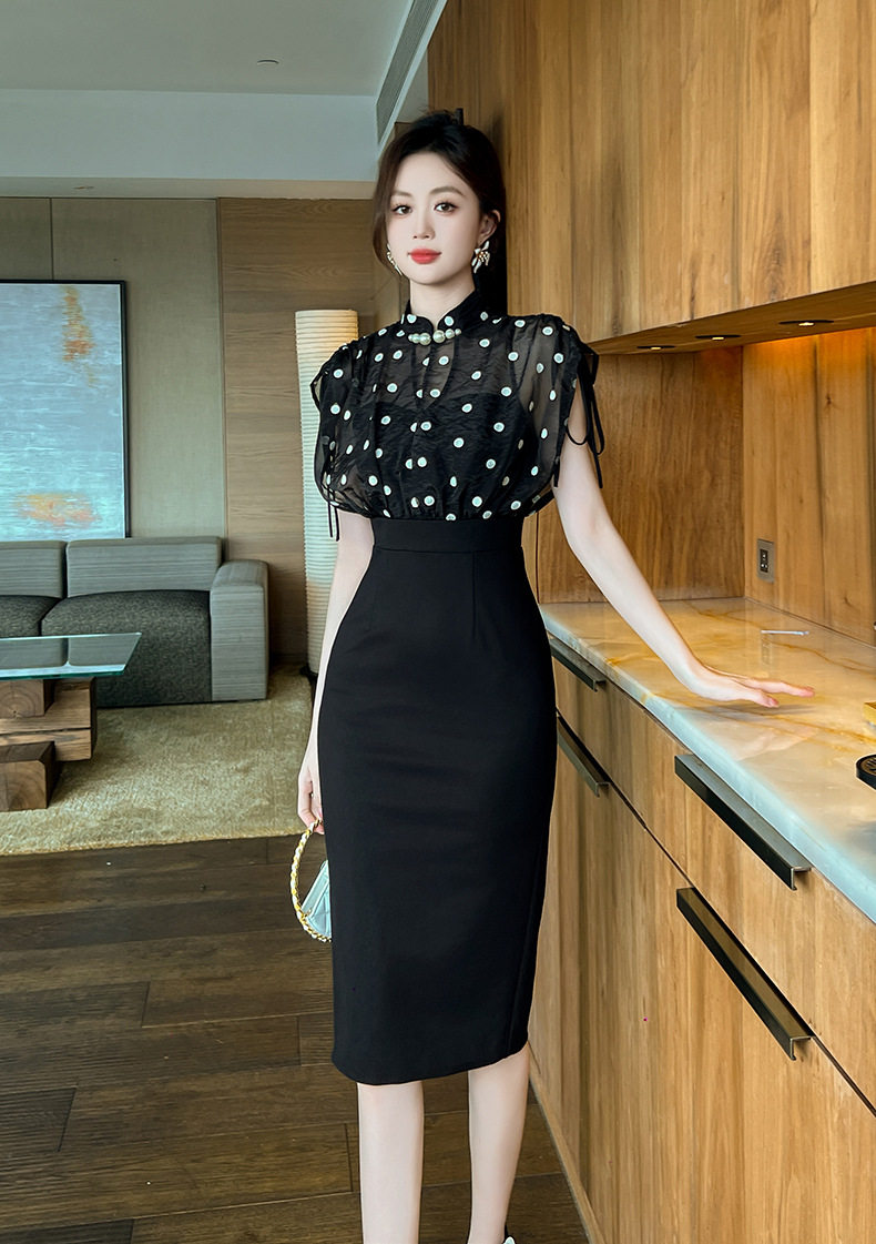 Đầm ôm body nữ cổ đứng tay ngắn phong cách sườn xám retro họa tiết chấm bi — [Màu đen] chi tiết 7