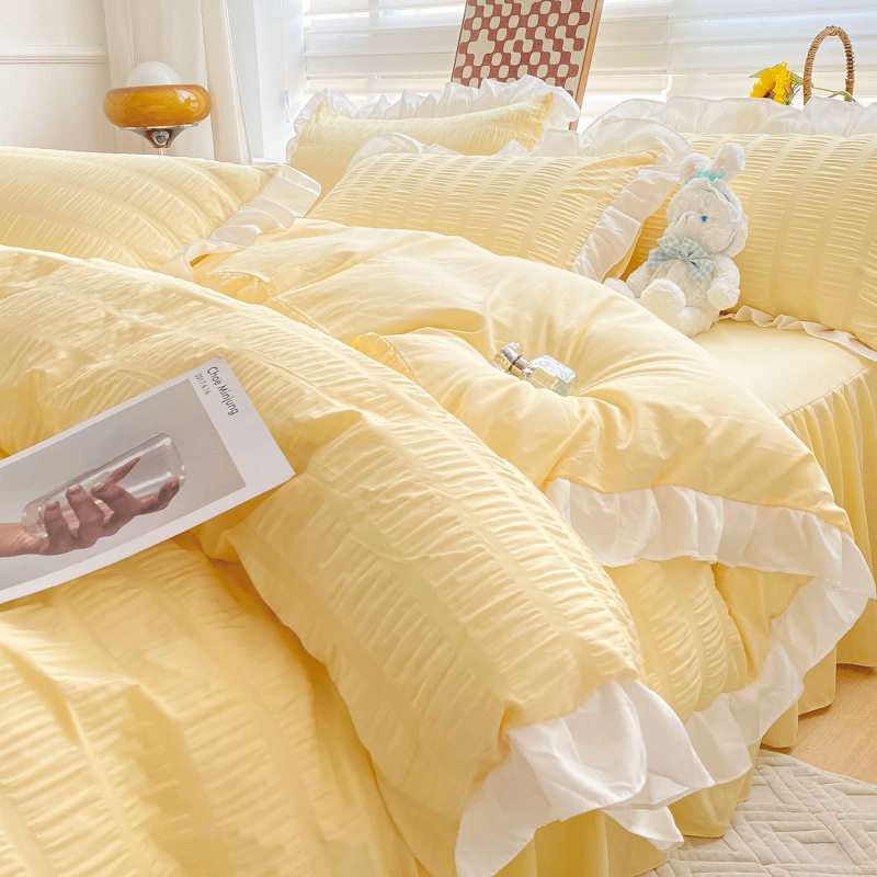 Spring and Summer Korean Princess Style Four-piece Set White Seersucker Lace Bed Sheet Quilt Cover Washed Cotton Bed Skirt Solid Color Three-piece Set