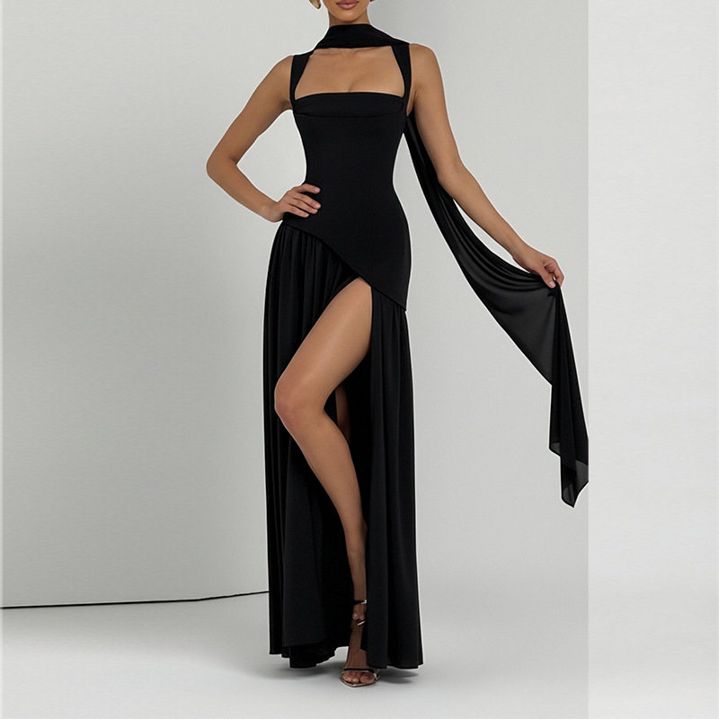 Womens Summer Dress Elegant Solid Color Pleated Design Side Slit Perfect for Casual or Formal Occasions Wholesale