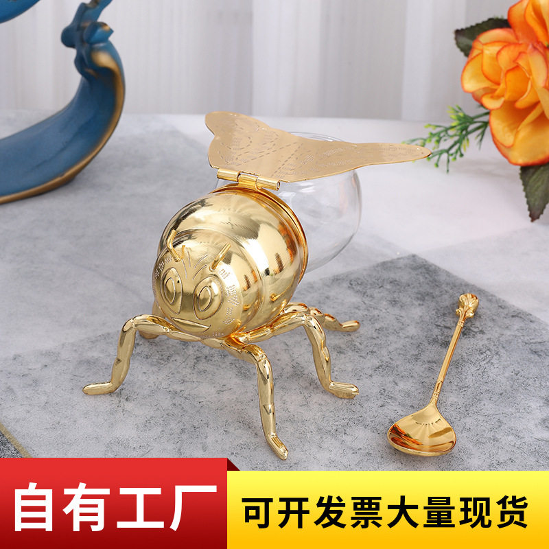 Golden Large Bee Sugar Cup Household European-Style High-End Kitchen Seasoning Box Storage Jar with Spoon Accessible Luxury Home Furnishings