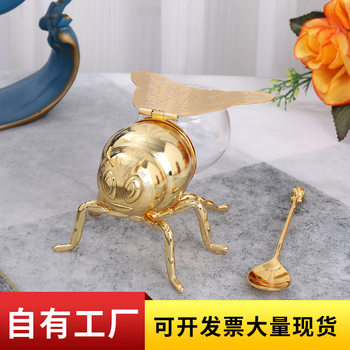 Golden Large Bee Sugar Cup Household European-Style High-End Kitchen Seasoning Box Storage Jar with Spoon Accessible Luxury Home Furnishings