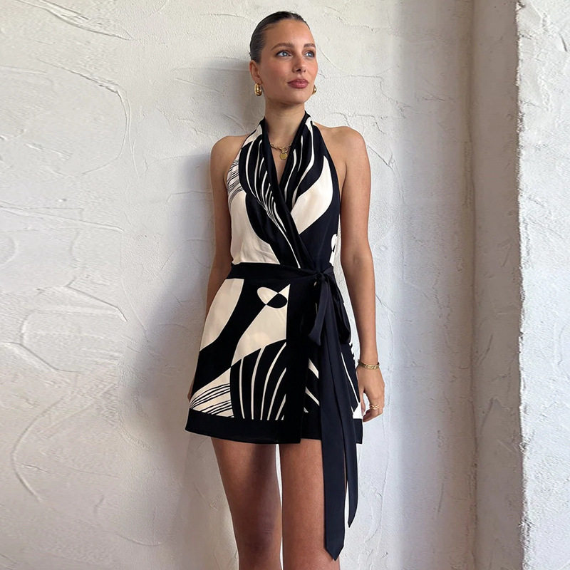 Nordic Style Floral Print Halter Neck Backless Dress Classic Design Waist Defined Short Length Ideal for Summer