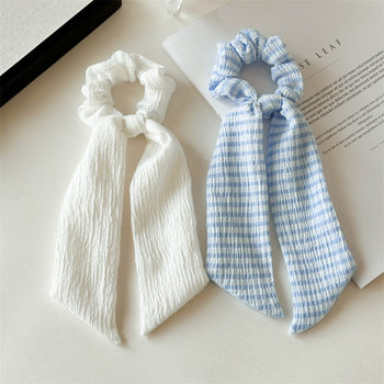 New Spring light blue Bow Ponytail Ribbon Hair Band Women's Tie Hair Band Ball Head Rope Knitted Seiko