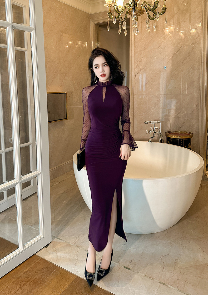 Đầm ôm body nữ tay dài cổ đứng xẻ tà phong cách Pháp — Màu tím mâm xôi