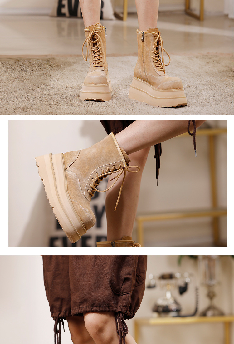 Boot Martin nữ đế dày cổ ngắn da bò thật tăng chiều cao — màu