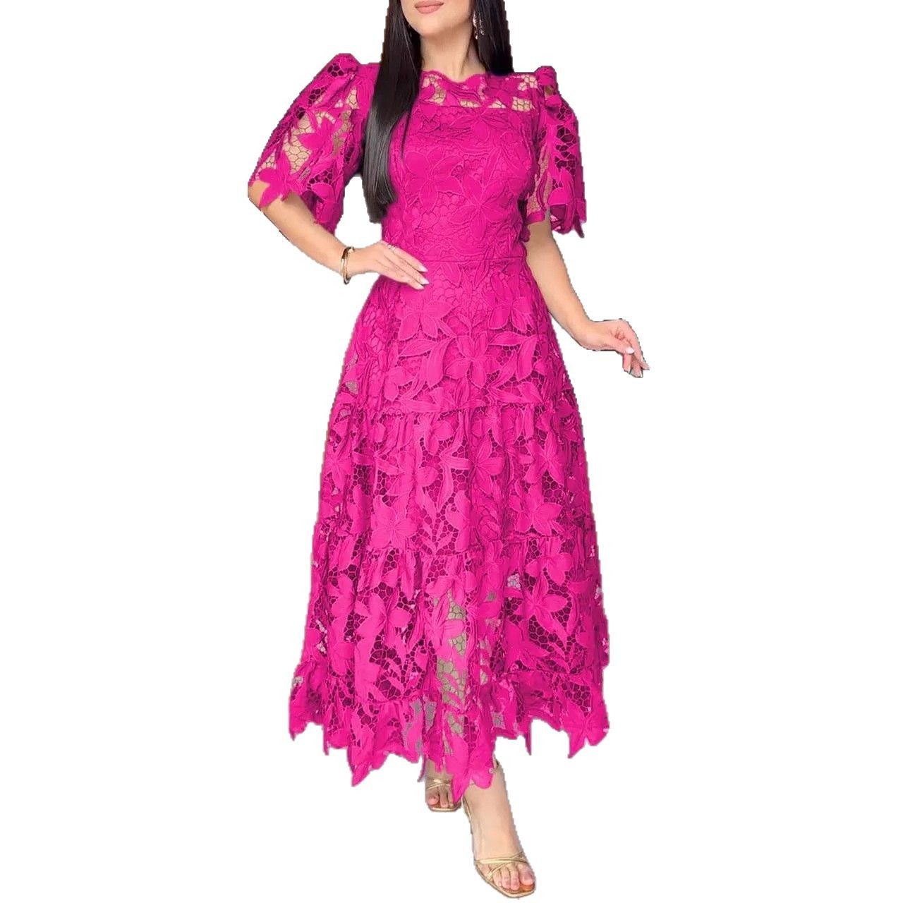 Summer Womens Lace Dress Elegant Hollow Design Round Neck Short Sleeve Perfect for Parties and Events Wholesale