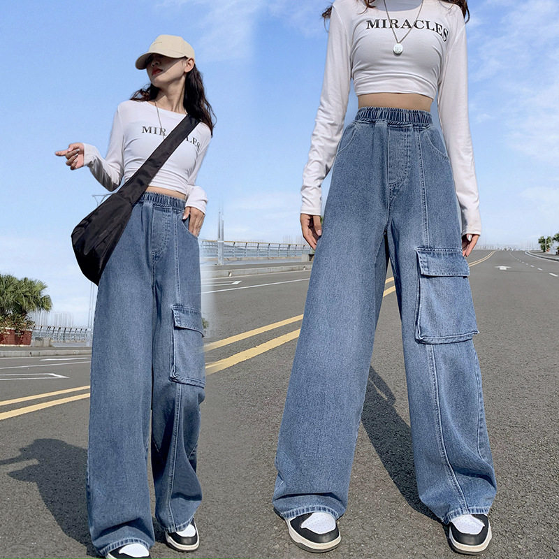 High Waisted Straight Leg Wide Leg Cargo Jeans for Women Versatile Plus Size Loose Fit Spring and Autumn Fashion