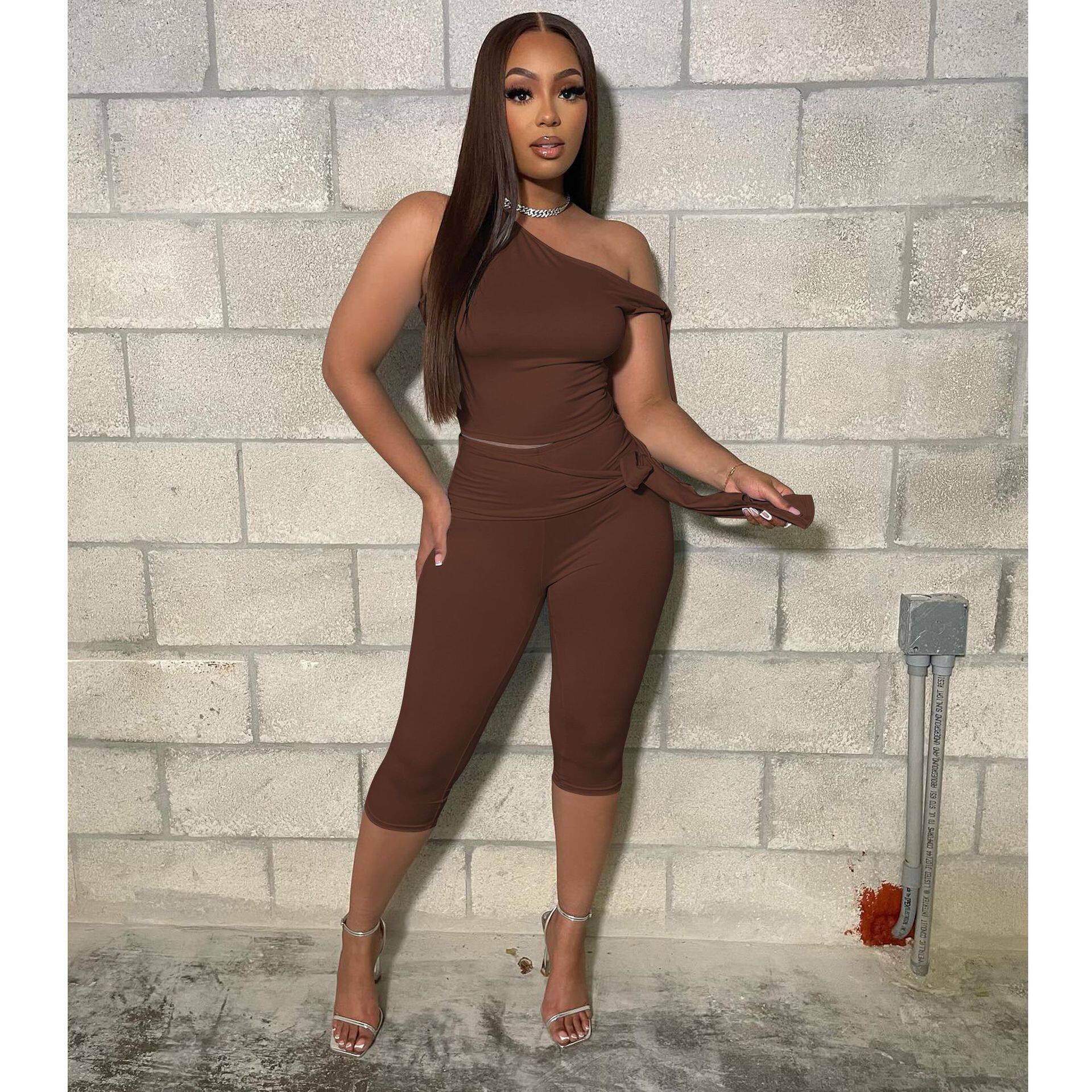 欧美女装2025夏季新款跨境斜肩绑带休闲时尚纯色套装