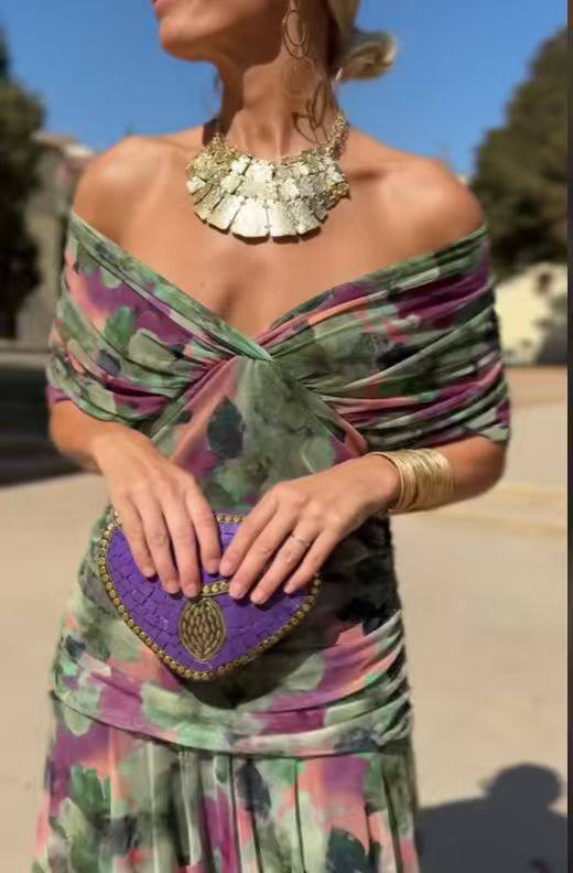 2025欧美风ins跨境女装独立站爆款雪纺印花新款露肩裹胸连衣裙女