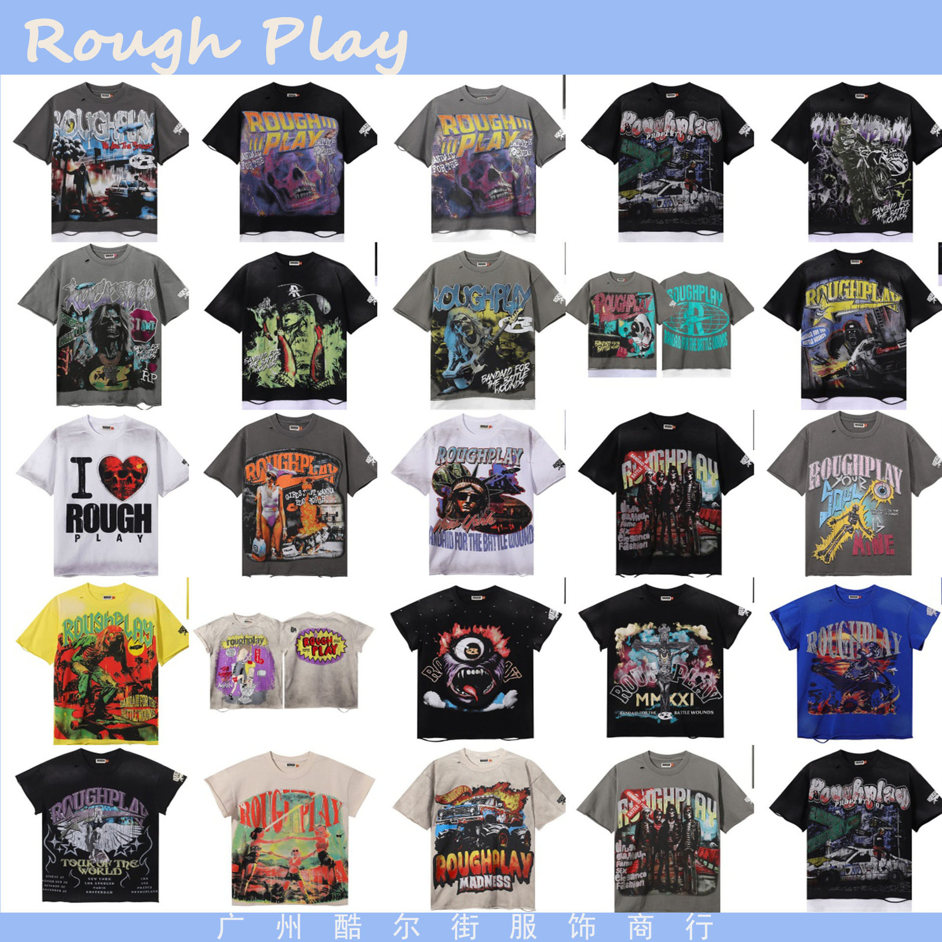 เสื้อยืดแขนสั้นแฟชั่นอเมริกันรุ่นใหม่ แบรนด์ Roughplay พิมพ์ลายวินเทจซักน้ำ ประดับพลอยเทียม ใส่สบาย แนวฤดูร้อน