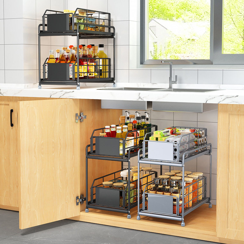 Kitchen Sink Floor-Standing Double-Layer Storage Rack Bathroom Cabinet Countertop Spice Storage Drawer Basket Storage Rack