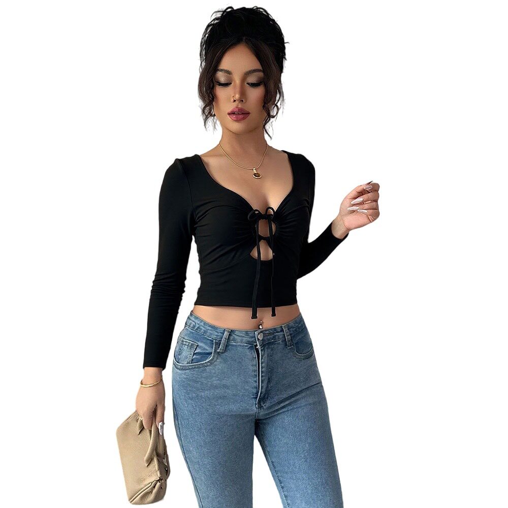 Black Long Sleeve T Shirt Hollow Out V Neck Solid Color Sexy Design Casual Wear for Women Wholesale Available