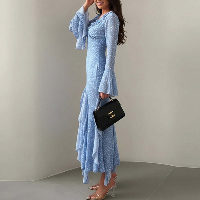 Womens Spring Dress Elegant Floral Print Asymmetrical Waist Design Stylish and Chic Wholesale Available