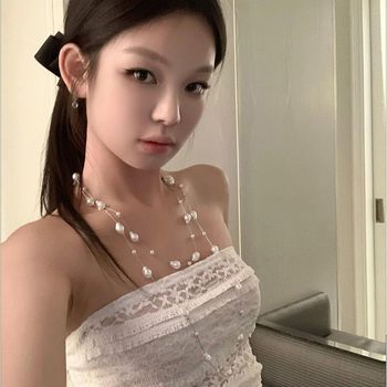 French-Style Long Starry Pearl Necklace for Women, Multi-Layered Layered Necklace Accessories, Light Luxury Niche High-End Clavicle Chain